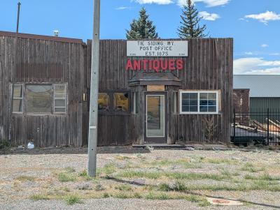 Taking a break from windy driving in the "town" of Tie Siding, Wyoming